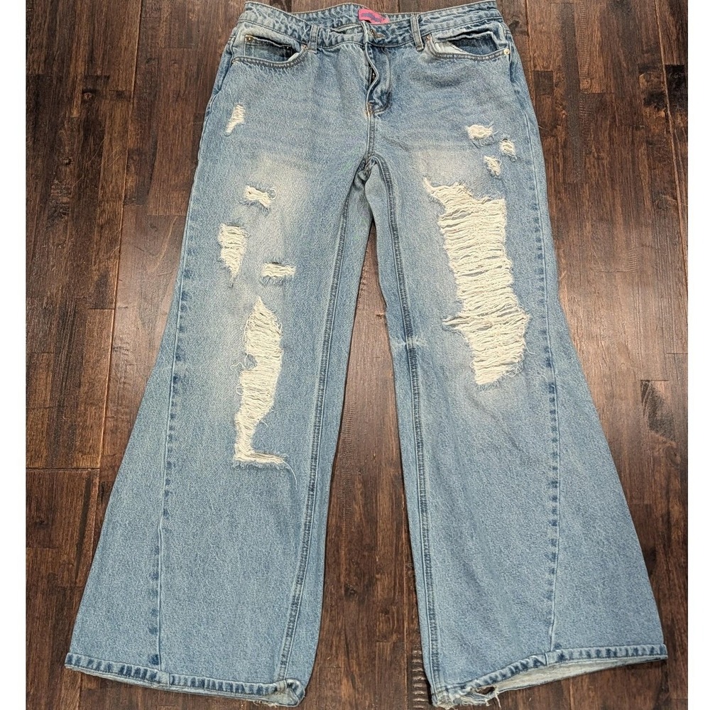 Vintage Y2K Edikted Wide Leg Jeans Womens L 34x30 Light Wash Ripped Baggy‎ Faded
